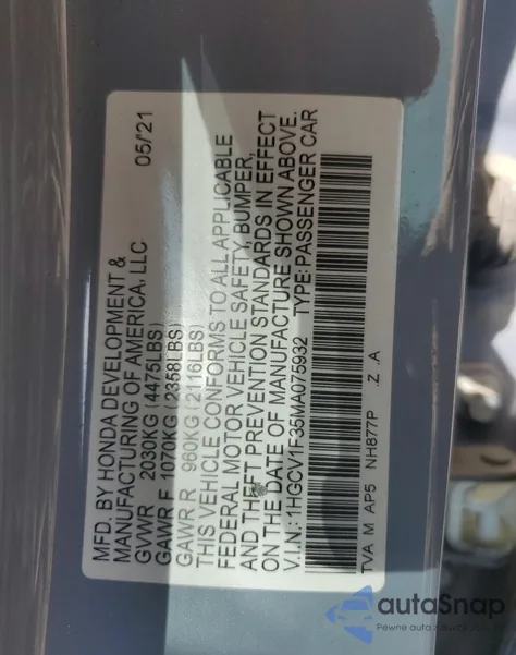 2021 Honda Accord Sport из США, поврежденный, VIN 1HGCV1F35MA075932